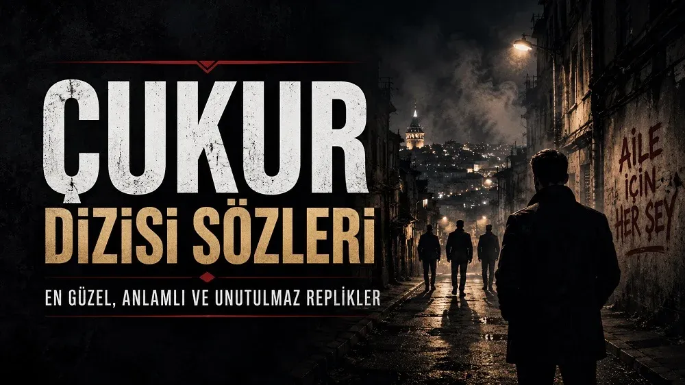 Karanlık bir sokak atmosferinde siluet karakterler ve “Çukur Dizisi Sözleri: En Güzel, Anlamlı ve Unutulmaz Replikler” yazısı bulunan dramatik kapak tasarımı.