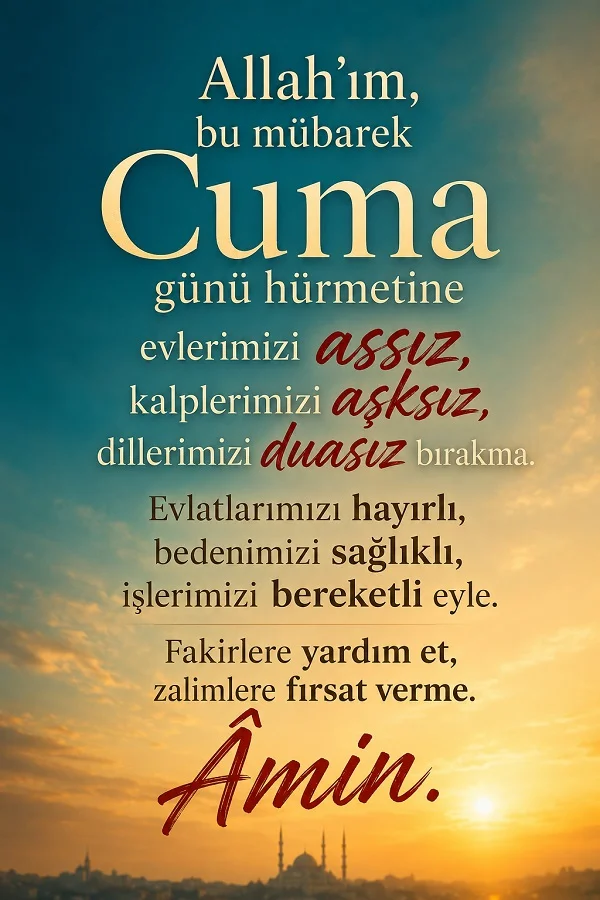 Gün doğumu arka planı ve cami silüetiyle hazırlanmış, evleri huzurlu, kalpleri sevgili ve işleri bereketli kılması için edilen Cuma duası görseli.