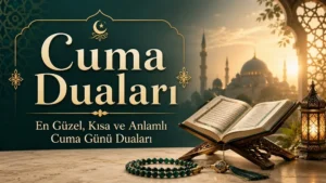 Cuma Duaları yazısının yer aldığı, cami silüeti, açık Kur’an-ı Kerim, tesbih ve kandil detaylarıyla hazırlanmış manevi kapak görseli.