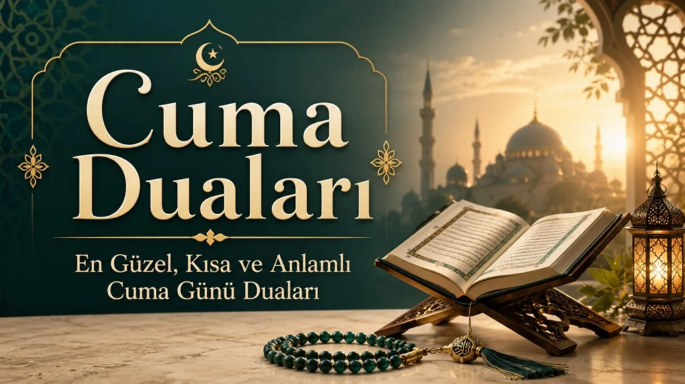 Cuma Duaları yazısının yer aldığı, cami silüeti, açık Kur’an-ı Kerim, tesbih ve kandil detaylarıyla hazırlanmış manevi kapak görseli.