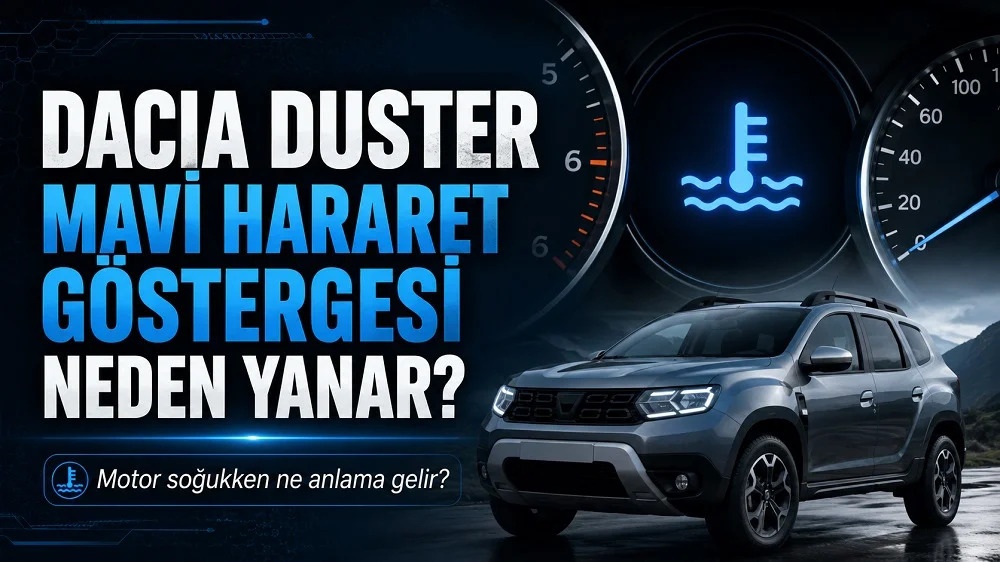 Dacia Duster mavi hararet göstergesi neden yanar başlığıyla hazırlanmış, gösterge panelinde mavi sıcaklık simgesi ve gri SUV araç bulunan otomotiv kapak tasarımı.