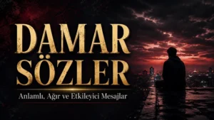 Karanlık şehir arka planında üzgün sarı saçlı kadın figürü ve altın renkli büyük tipografiyle hazırlanmış “Damar Sözler: Anlamlı, Ağır ve Etkileyici Mesajlar” başlıklı modern kapak görseli.