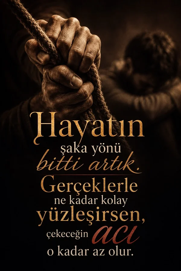 Ön planda kalın bir ipi tutan ellerin, arka planda ise üzgün bir insan figürünün bulunduğu görselde “Hayatın şaka yönü bitti artık. Gerçeklerle ne kadar kolay yüzleşirsen, çekeceğin acı o kadar az olur.” sözü yazıyor.