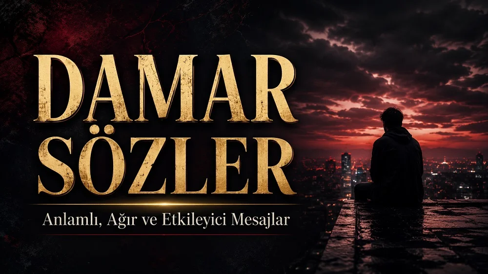 Karanlık şehir arka planında üzgün sarı saçlı kadın figürü ve altın renkli büyük tipografiyle hazırlanmış “Damar Sözler: Anlamlı, Ağır ve Etkileyici Mesajlar” başlıklı modern kapak görseli.