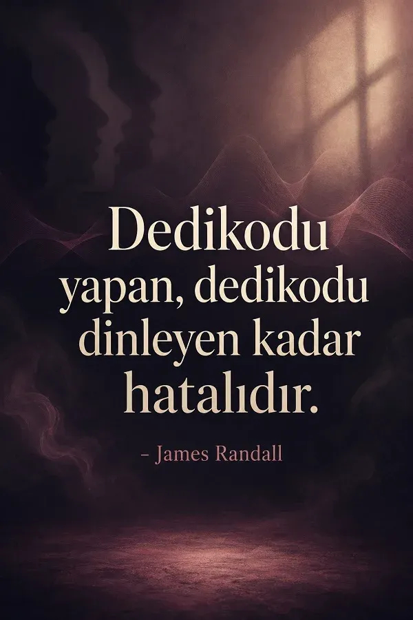 Koyu tonlarda sisli arka plan, siluet yüzler ve “Dedikodu yapan, dedikodu dinleyen kadar hatalıdır.” James Randall sözü.