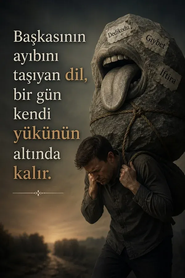 Sırtında büyük taş yük taşıyan bir adam ve taşın üzerinde “Dedikodu”, “Gıybet”, “İftira” yazıları ile “Başkasının ayıbını taşıyan dil, bir gün kendi yükünün altında kalır.” sözü.