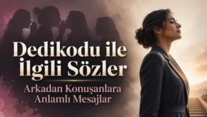 Dedikodu ile ilgili sözler başlıklı görselde solda fısıldaşan kişiler, sağda ise kendinden emin duran bir kadın yer alıyor.
