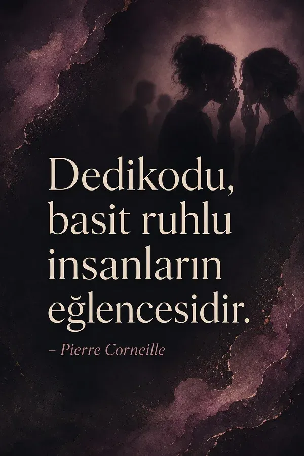 Karanlık fonda birbirine fısıldayan iki kişi ve “Dedikodu, basit ruhlu insanların eğlencesidir.” Pierre Corneille sözü.