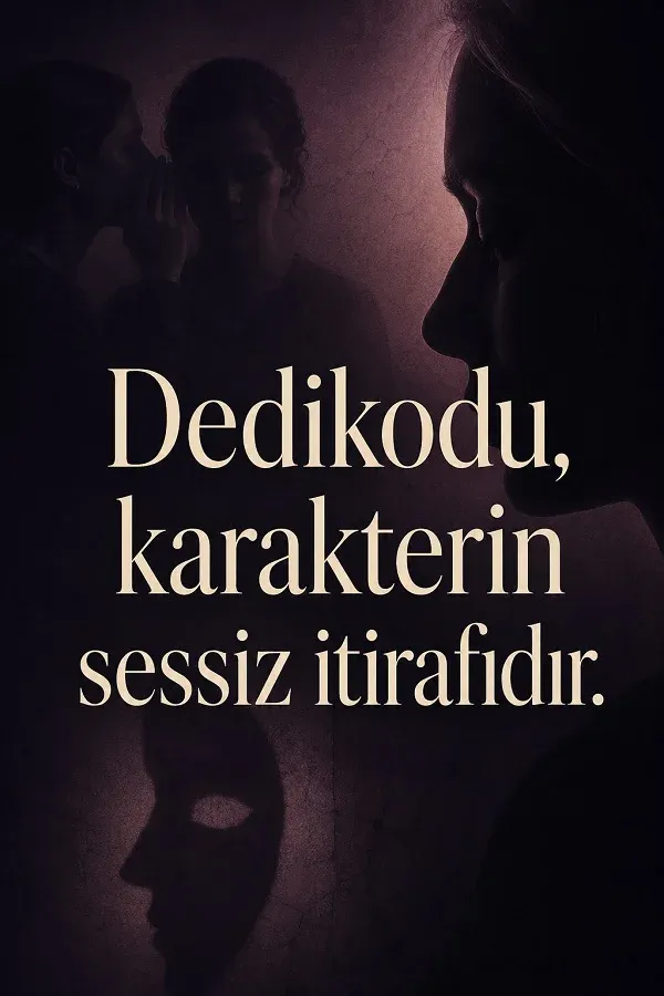 Karanlık fonda yüz profili, gölgeler ve fısıldaşan kişiler ile “Dedikodu, karakterin sessiz itirafıdır.” sözü.
