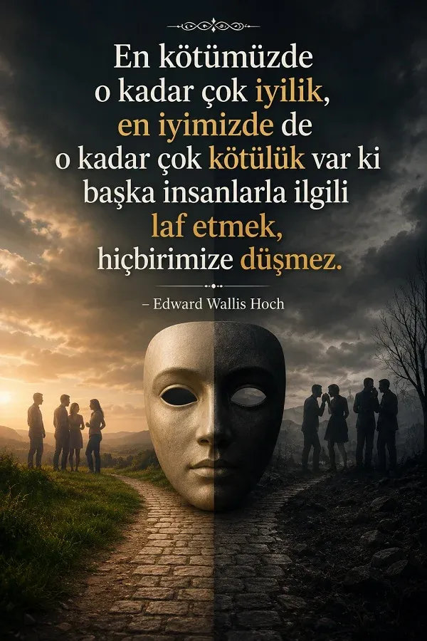 Ortada büyük bir maske, iki yanda insan grupları ve “En kötümüzde o kadar çok iyilik, en iyimizde de o kadar çok kötülük var ki başka insanlarla ilgili laf etmek, hiçbirimize düşmez.” Edward Wallis Hoch sözü.