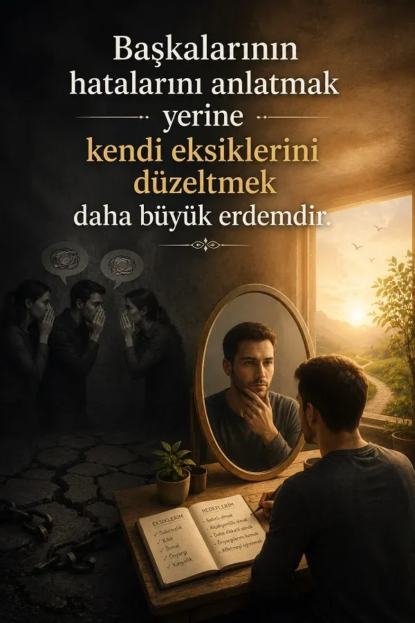 Ayna karşısında oturan bir adam, açık defter ve arka planda fısıldaşan kişiler ile “Başkalarının hatalarını anlatmak yerine kendi eksiklerini düzeltmek daha büyük erdemdir.” sözü.