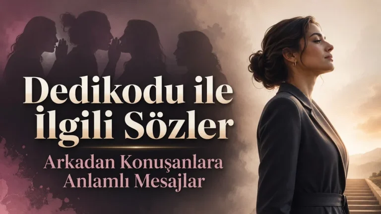 Dedikodu ile ilgili sözler başlıklı görselde solda fısıldaşan kişiler, sağda ise kendinden emin duran bir kadın yer alıyor.