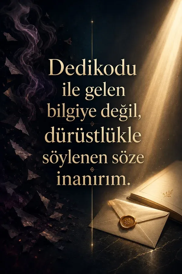 Karanlık fonda ışık huzmesi, mühürlü zarf ve kitap ile “Dedikodu ile gelen bilgiye değil, dürüstlükle söylenen söze inanırım.” sözü.