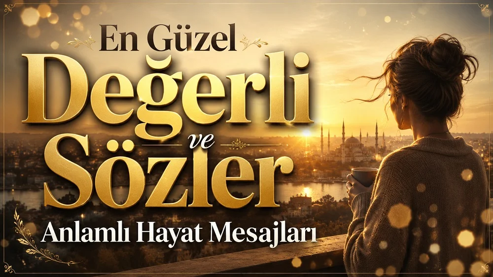 Gün doğumunda şehir manzarasına bakan, elinde fincan tutan kadın figürü ve En Güzel Değerli Sözler başlığıyla hazırlanmış anlamlı hayat mesajları kapak görseli.
