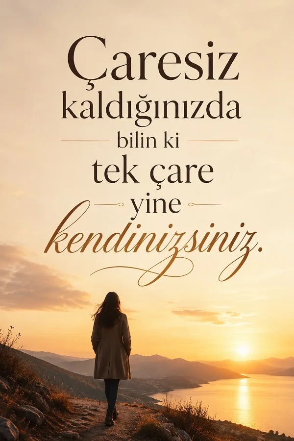 Gün batımında denize bakan dağlık bir patikada yürüyen bir kadın görülüyor. Görselde “Çaresiz kaldığınızda bilin ki tek çare yine kendinizsiniz” yazısı yer alıyor.