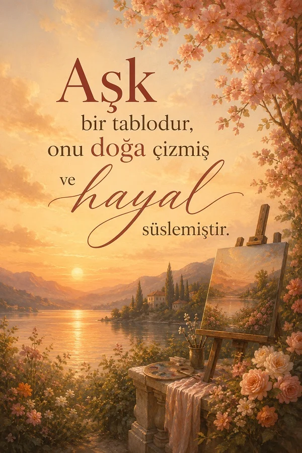 Gün batımında göl ve dağ manzarasına bakan bir resim sehpası, çiçekler ve açık renkli romantik bir ortam görülüyor. Görselde “Aşk bir tablodur, onu doğa çizmiş ve hayal süslemiştir” sözü bulunuyor.