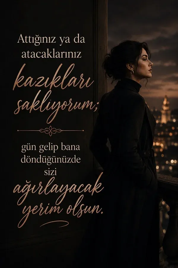 Gece manzarasında duran kadın ve ihanet üzerine sert söz bulunan görsel