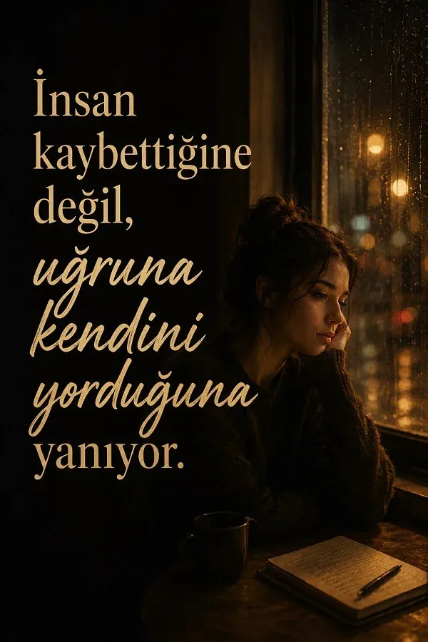 Yağmurlu ortamda düşünen kadın ve duygusal kırgınlık sözü bulunan görsel