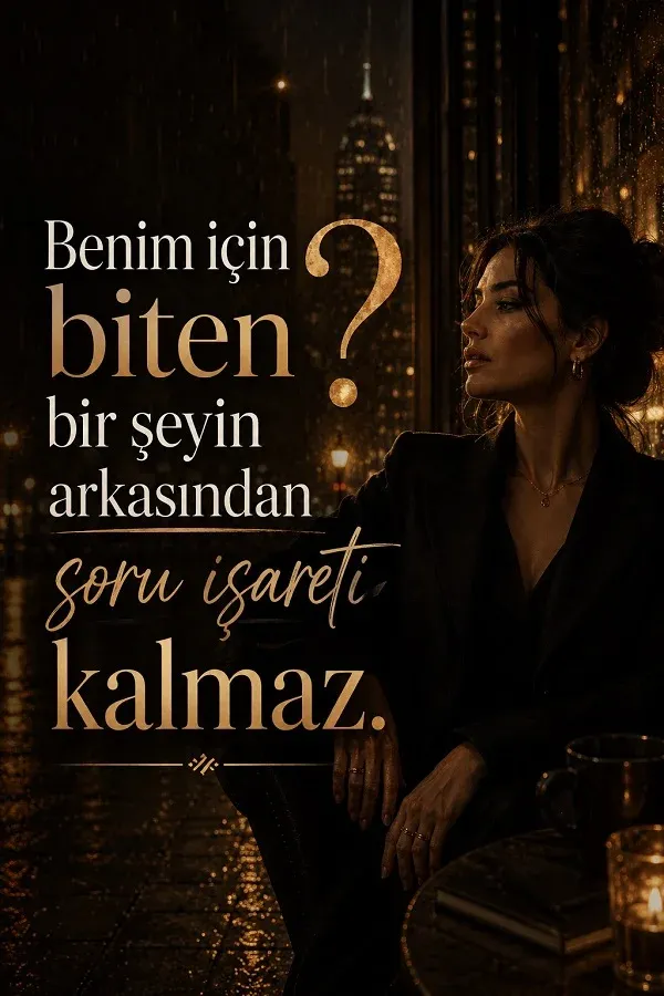 Şehir ışıkları önünde duran kadın ve net kararlarla ilgili söz bulunan görsel