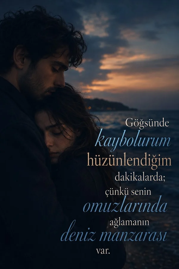 Akşam saatlerinde deniz kıyısında birbirine sarılan bir çiftin yanında “Göğsünde kaybolurum hüzünlendiğim dakikalarda; çünkü senin omuzlarında ağlamanın deniz manzarası var.” sözü yer alıyor.