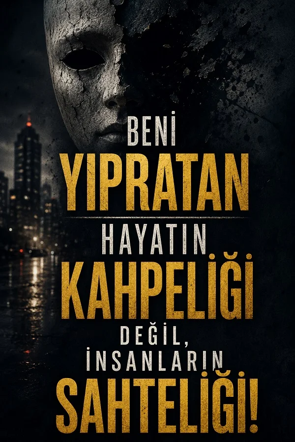 Karanlık şehir arka planında kırık ve ürkütücü bir maske ile “Beni yıpratan hayatın kahpeliği değil, insanların sahteliği!” sözü yer alıyor.