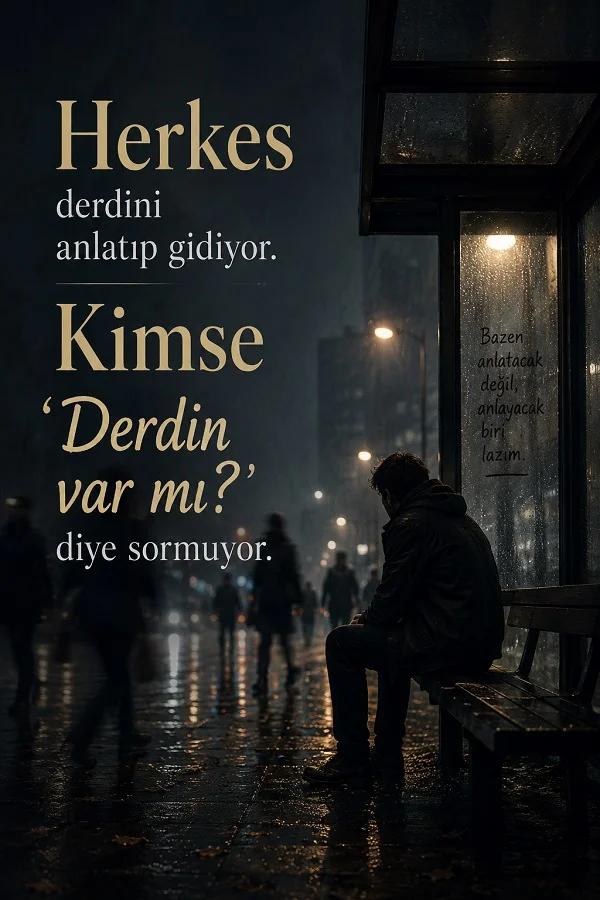 Yağmurlu sokakta durakta yalnız oturan bir adamın bulunduğu görselde “Herkes derdini anlatıp gidiyor. Kimse ‘Derdin var mı?’ diye sormuyor.” sözü yazıyor.