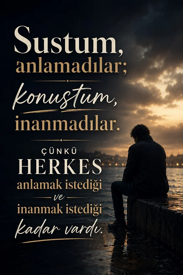 Karanlık ve yağışlı bir kıyıda yalnız oturan adam figürüyle birlikte “Sustum, anlamadılar; konuştum, inanmadılar. Çünkü herkes anlamak istediği ve inanmak istediği kadar vardı.” sözü bulunuyor.