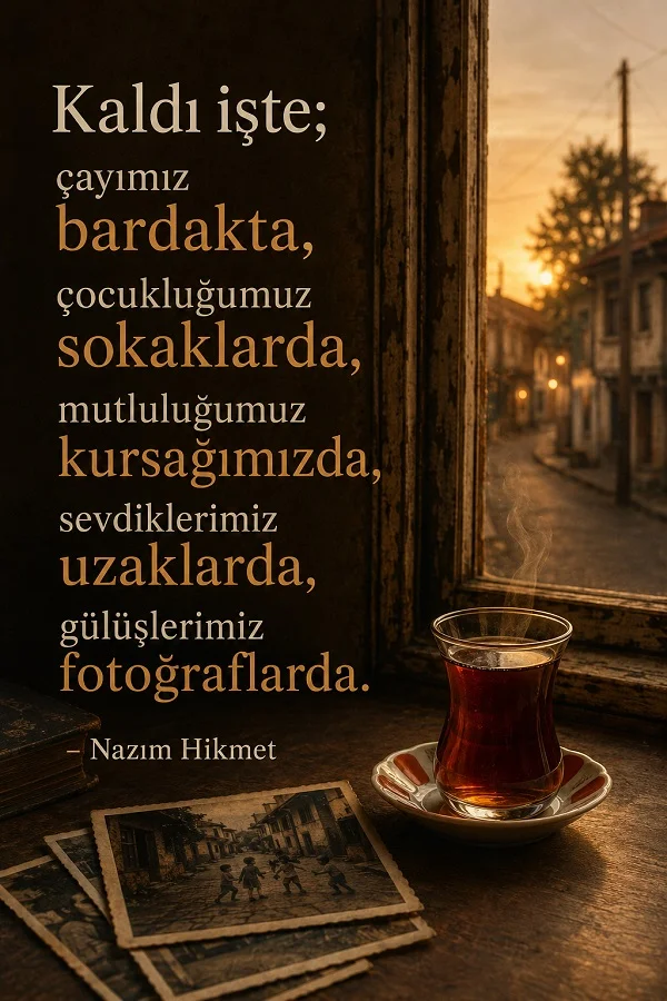 Pencere kenarında çay bardağı ve eski fotoğrafların bulunduğu görselde “Kaldı işte; çayımız bardakta, çocukluğumuz sokaklarda, mutluluğumuz kursağımızda, sevdiklerimiz uzaklarda, gülüşlerimiz fotoğraflarda. - Nazım Hikmet” sözü yer alıyor.