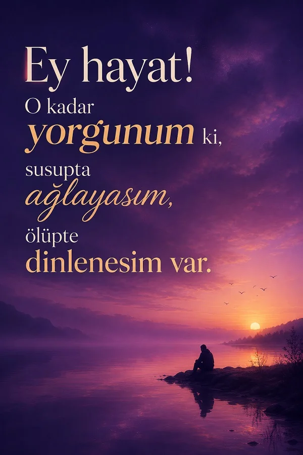Gün batımında göl kenarında yalnız oturan bir kişinin olduğu görselde “Ey hayat! o kadar yorgunum ki, susupta ağlayasım, ölüpte dinlenesim var.” sözü yazıyor.