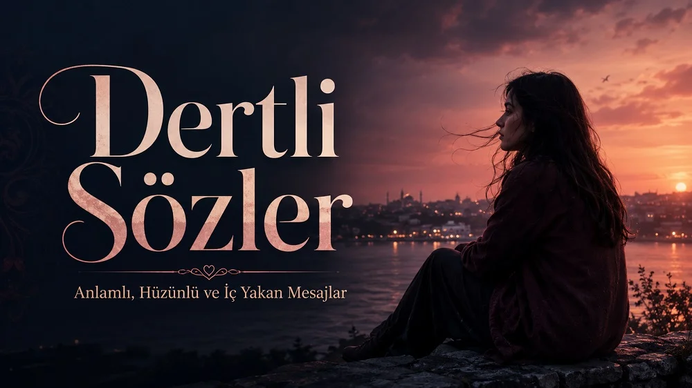 Gün batımı ve deniz manzarası önünde yalnız oturan kadın figürü, koyu tonlar ve büyük tipografiyle hazırlanmış “Dertli Sözler: Anlamlı, Hüzünlü ve İç Yakan Mesajlar” başlıklı modern kapak görseli.
