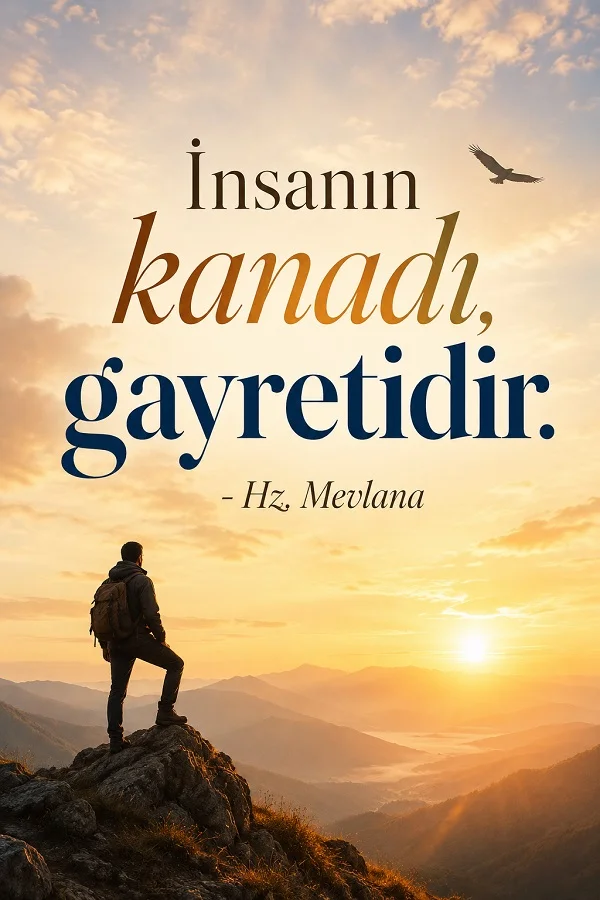 Gün doğumunda dağ zirvesinde ayakta duran bir yolcu ve gökyüzünde süzülen kuş eşliğinde “İnsanın kanadı, gayretidir.” Hz. Mevlana sözü.