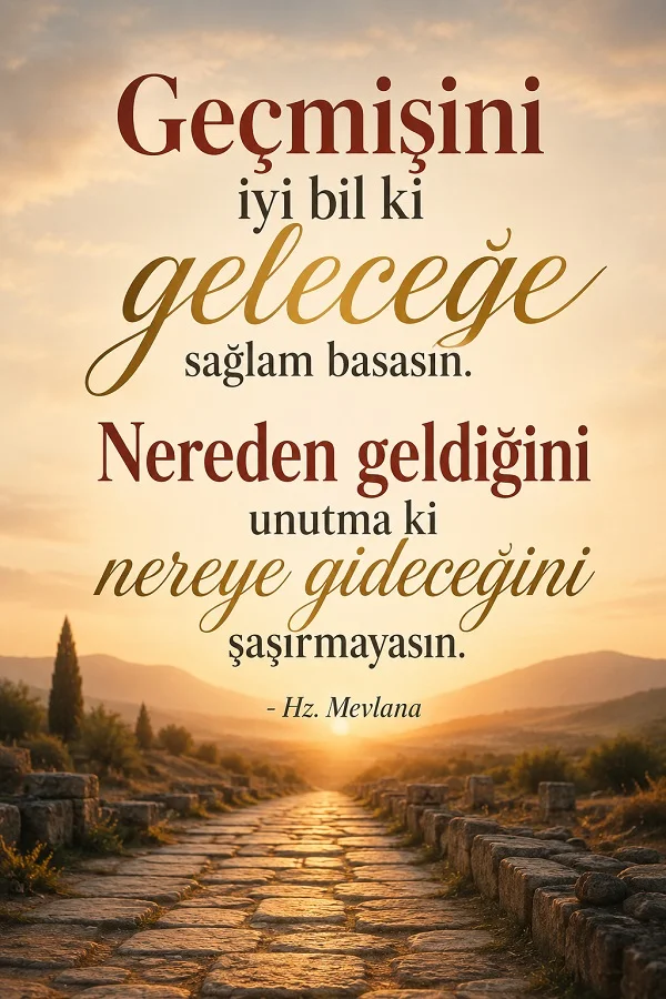 Gün doğumuna uzanan taş yol manzarası üzerinde “Geçmişini iyi bil ki geleceğe sağlam basasın. Nereden geldiğini unutma ki nereye gideceğini şaşırmayasın.” Hz. Mevlana sözü.
