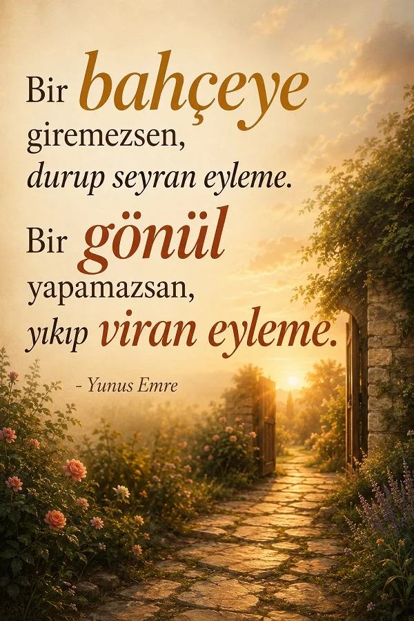 Çiçekli taş bahçe yolunun sonunda açık kapı bulunan manzara üzerinde “Bir bahçeye giremezsen, durup seyran eyleme. Bir gönül yapamazsan, yıkıp viran eyleme.” Yunus Emre sözü.