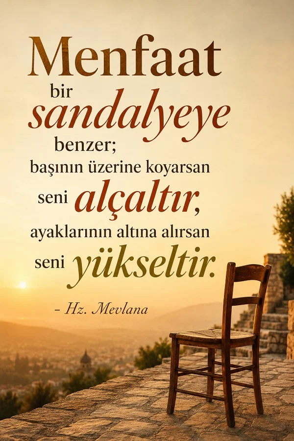 Gün batımında taş teras üzerinde duran ahşap sandalye eşliğinde “Menfaat bir sandalyeye benzer; başının üzerine koyarsan seni alçaltır, ayaklarının altına alırsan seni yükseltir.” Hz. Mevlana sözü.