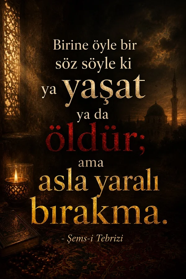 Karanlık ve mistik bir iç mekânda yanan mum ile uzak kubbe silüeti önünde “Birine öyle bir söz söyle ki ya yaşat ya da öldür; ama asla yaralı bırakma.” Şems-i Tebrizi sözü.