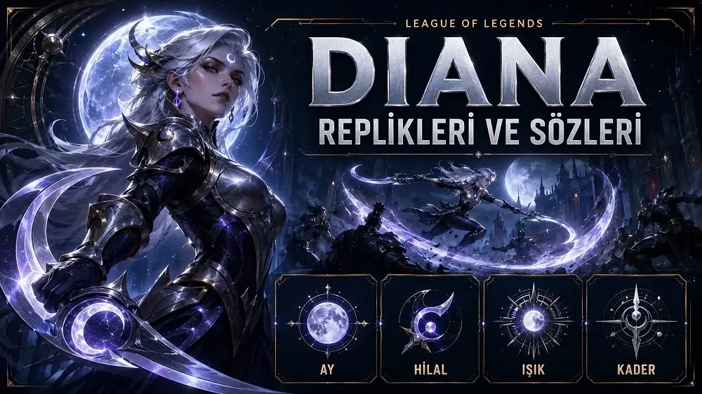 Diana replikleri ve sözleri başlıklı kapak görselinde, ay ışığı ve hilal enerjisiyle çevrili Diana karakteri karanlık bir savaş alanında gösteriliyor.