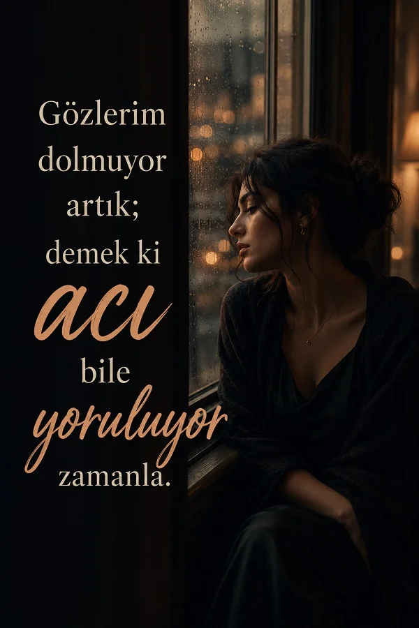 Pencere kenarında oturan dalgın bir kadın eşliğinde “Gözlerim dolmuyor artık; demek ki acı bile yoruluyor zamanla” yazılı hüzünlü söz görseli.