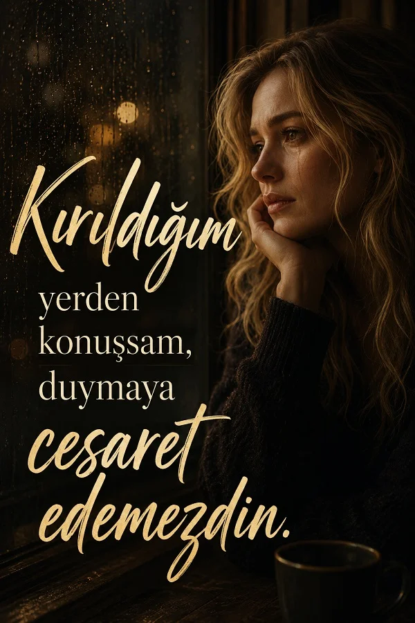 Pencere kenarında oturan düşünceli bir kadın ve fincan fonunda “Kırıldığım yerden konuşsam, duymaya cesaret edemezdin” yazılı duygusal söz görseli.