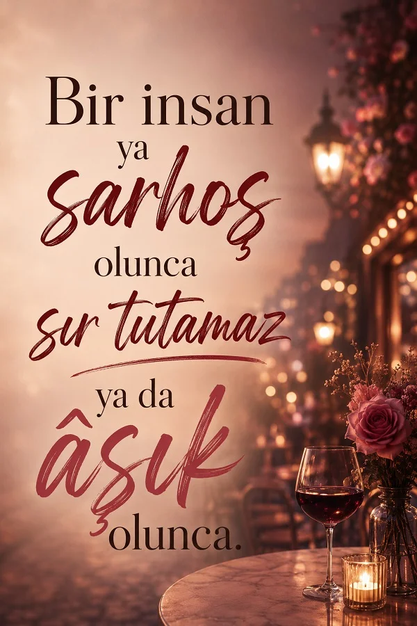 Loş ve romantik bir kafe ortamında şarap kadehi bulunan, “Bir insan ya sarhoş olunca sır tutamaz ya da âşık olunca.” sözünün yer aldığı estetik aşk temalı görsel.
