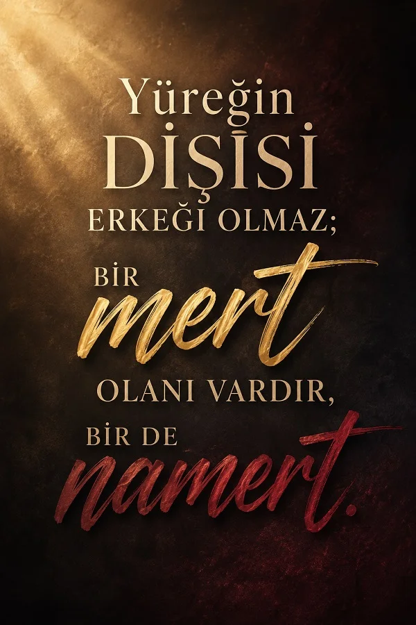 Karanlık arka plan üzerinde “Yüreğin dişisi erkeği olmaz; bir mert olanı vardır, bir de namert.” yazısının yer aldığı anlamlı ve etkileyici söz görseli.