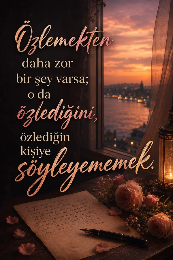 Gün batımına bakan pencere önünde mektup, kalem ve çiçekler bulunan, “Özlemekten daha zor bir şey varsa; o da özlediğini, özlediğin kişiye söyleyememek.” sözünün yer aldığı duygusal görsel.