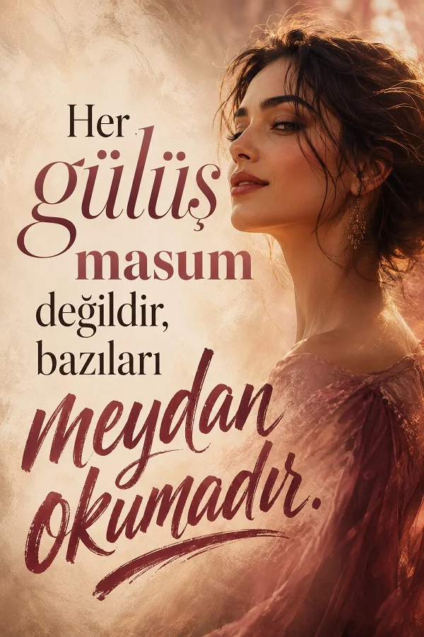 Zarif bir kadın portresi eşliğinde “Her gülüş masum değildir, bazıları meydan okumadır.” sözünün yer aldığı estetik ve etkileyici görsel.