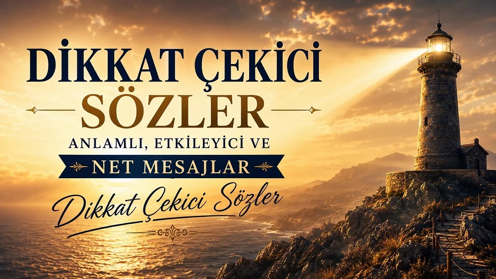 Dikkat çekici sözler başlıklı, gün batımında deniz feneri, kayalık sahil manzarası ve güçlü yazı düzeniyle hazırlanmış etkileyici sözler kapak görseli.