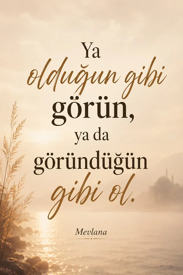 Deniz kıyısı ve sisli fon üzerinde “Ya olduğun gibi görün, ya da göründüğün gibi ol.” ve altında “Mevlana” yazılı anlamlı söz tasarımı.