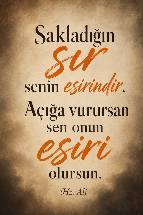 Koyu bej tonlu arka planda “Sakladığın sır senin esirindir. Açığa vurursan sen onun esiri olursun.” ve altında “Hz. Ali” yazılı söz görseli.