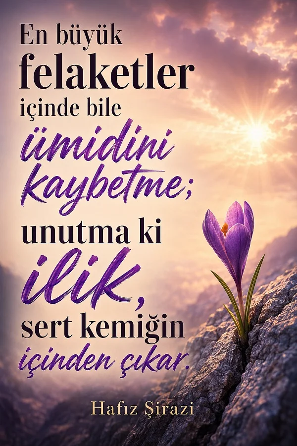 Kayalık zeminden çıkan mor çiçek eşliğinde “En büyük felaketler içinde bile ümidini kaybetme; unutma ki ilik, sert kemiğin içinden çıkar.” ve altında “Hafız Şirazi” yazılı söz tasarımı.