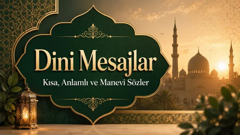 Yeşil ve altın tonlarında, cami silüeti ve kandil detaylarıyla hazırlanmış Dini Mesajlar Kısa Anlamlı ve Manevi Sözler kapak görseli.