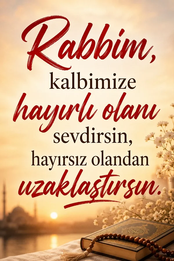 Gün batımı manzarası önünde Kur’an ve tesbih bulunan fonda “Rabbim, kalbimize hayırlı olanı sevdirsin, hayırsız olandan uzaklaştırsın.” yazılı dua görseli.