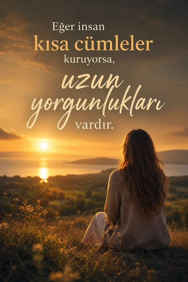 Gün batımında deniz manzarasına karşı oturan kadın silüeti ve “Eğer insan kısa cümleler kuruyorsa, uzun yorgunlukları vardır.” sözü.