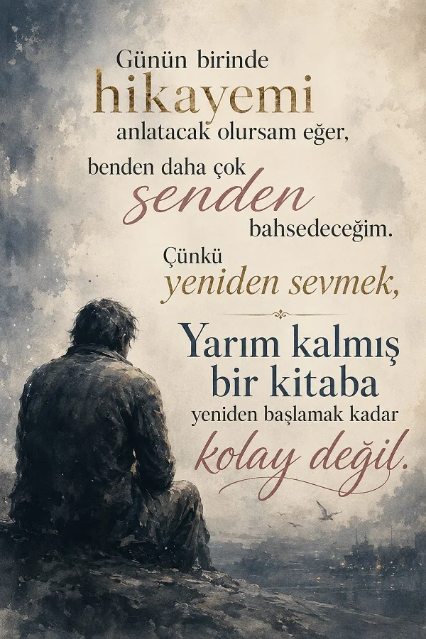 Resim tarzında kayalıkta oturan yalnız adam figürü ve “Günün birinde hikayemi anlatacak olursam eğer, benden daha çok senden bahsedeceğim. Çünkü yeniden sevmek, yarım kalmış bir kitaba yeniden başlamak kadar kolay değil.” sözü.